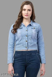 Denim solid jacket, long sleeves, dyed/washed pattern, trendy feminine style. S size (bust 36 in, length 19 in, shoulder 14 in). Made in India
