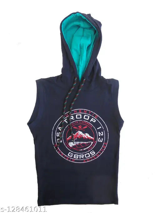 Kid sleeveless hooded cotton tshirts, anti bacterial, printed pattern for kids, 4-5 years size measurement included