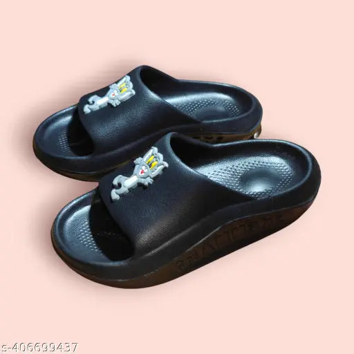 Black colored Tom & Jerry cartoon character flip flops for kids - durable PU sole for comfortable play and growth (18-24 Months to 4-4.5 Years)