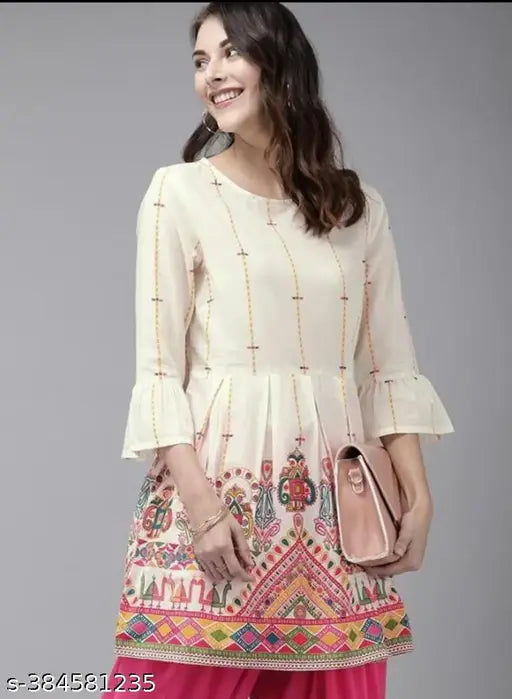 Cotton printed Jaipuri floral short kurta for jeans, three-quarter sleeves, vibrant floral pattern, Sita Fashion Hub India