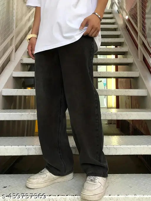 Men's straight-fit cotton Z black pants, solid pattern, size 28 (waist 28in, length 38in, hip 38in), India origin