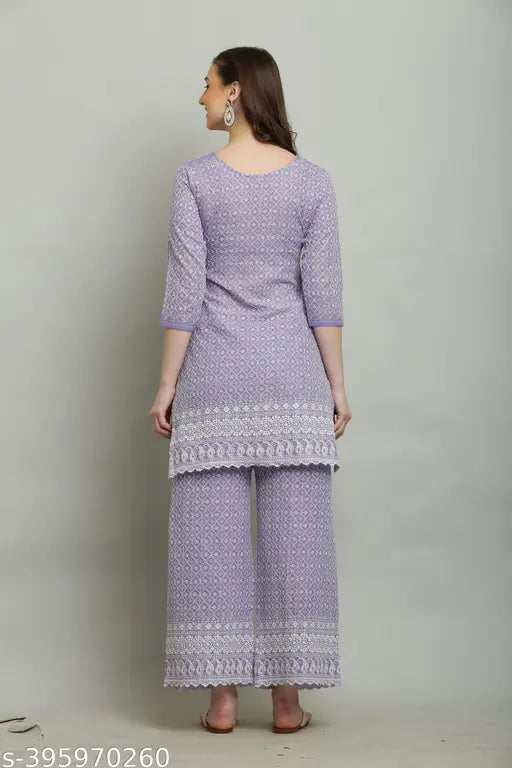 Purple cotton Chikankari kurta set with palazzo pants, printed net design, perfect for women's fashion across seasons