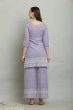 Purple cotton Chikankari kurta set with palazzo pants, printed net design, perfect for women's fashion across seasons