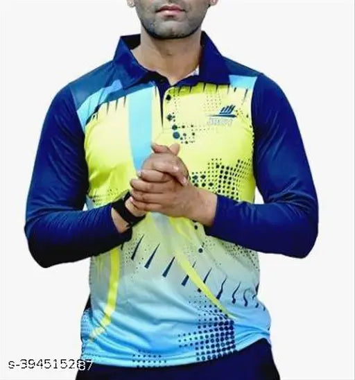 Yellow printed polyester cricket jersey t-shirt for men, full sleeve design for sports