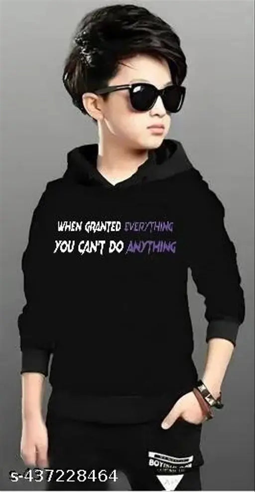 Boys cotton blend hoodie sweatshirt with long sleeves, printed design, popular kids clothing item for cooler weather. Size: 5-6 Years (Chest 31in, Length 19in), India origin