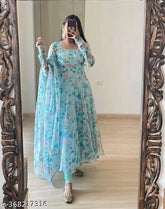 Aqua blue Georgette gown with long sleeves, printed net pattern for women's fashion, India origin