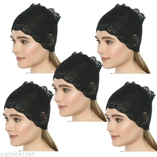 Black polycotton stretchable lace under hijab cap (pack of 5), comfortable and breathable for sensitive scalps, suitable for daily wear or medical conditions like cancer, alopecia, chemotherapy. Made in India