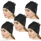 Black polycotton stretchable lace under hijab cap (pack of 5), comfortable and breathable for sensitive scalps, suitable for daily wear or medical conditions like cancer, alopecia, chemotherapy. Made in India