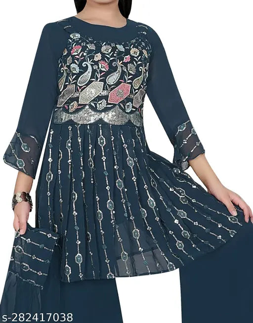 Girls Fancy Ethnic cotton blend kurta plazzao set with dupatta, printed A-line palazzos, ideal for celebrations and outings