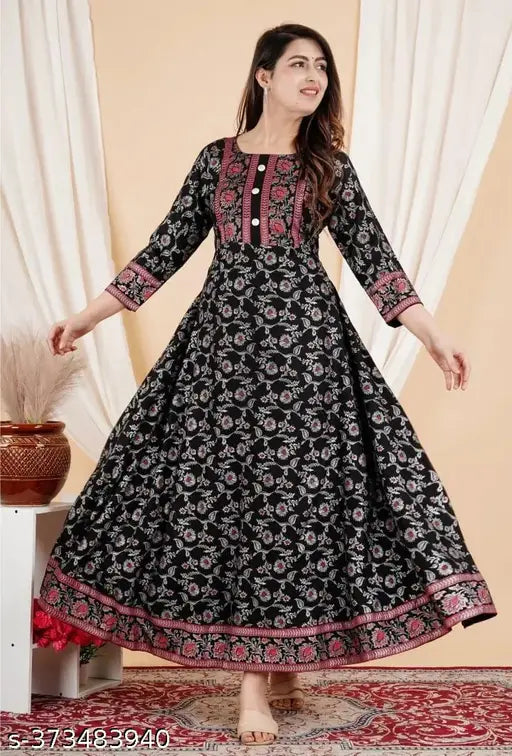 Rayon printed Anarkali kurti, latest fashion from Vandana in vibrant combo - M, L, XL, available