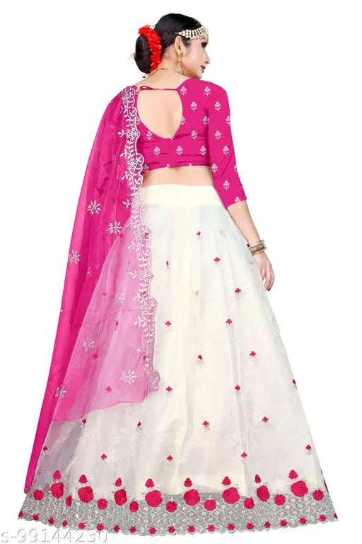 White Georgette embroidered semi-stitched net Lehenga Choli and Dupatta, traditional Indian bridal attire
