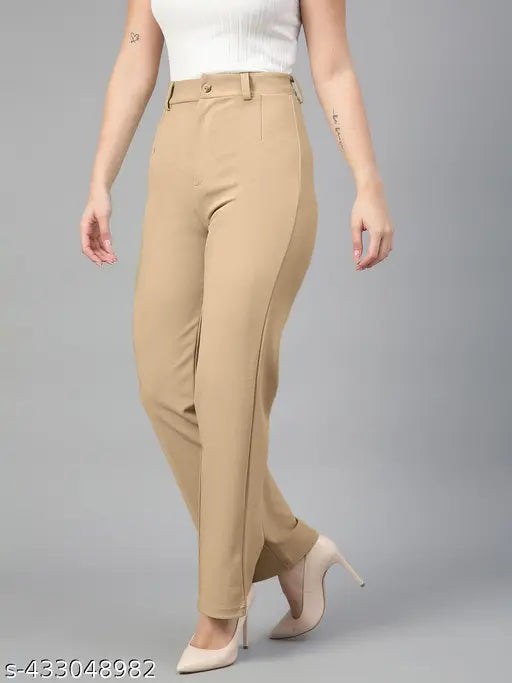 Cotton blend solid trousers for women - modern cut, Indian-made