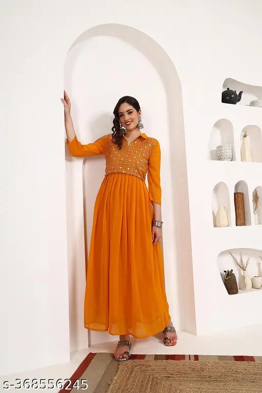 Mustard Georgette embroidered Anarkali Kurta, traditional design with modern style, India