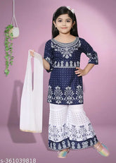Girls' festive rayon casual kurti and plazzo set, three-quarter sleeves, printed net pattern, for partywear, sizes 2-3 years to 9-10 years