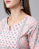 Pink flared Anarkali kurti, pure cotton with printed combo, three-quarter sleeves. Single Surya Creation kurti for women on display. Machine washable, MRP Rs. 2,299 (varies by size). Indian-made, marketed and manufactured by Surya Creation Private Limited