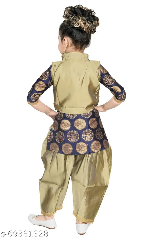 Festive Blue Embroidered Cotton Blend Patiala Suit for Girls, RK Collection