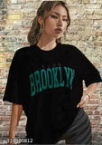Black cotton oversize brooklyn t-shirt with off-shoulder design, printed pattern, three-quarter sleeves. Size XS (36in bust, 25in length). Women's fashion, summer clothes, Meesho shopping