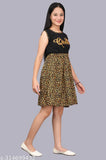 Brown crepe tigerprint fit and flare dress for girls' summer wear, ages 8-15, India origin