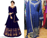 Navy Blue Women's Phantom Silk Anarkali Gown with Chiffon Dupatta, semi-stitched and embellished