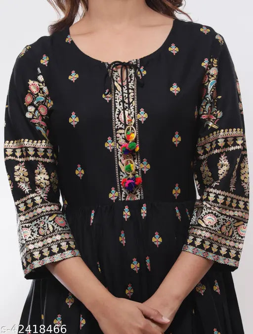 Rayon printed combo Banita Sensational Kurtis, three-quarter sleeves, women's black Anarkali kurta, M (38in bust), L (40in bust), Indian fashion