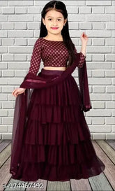 Simple floral type Lehenga Choli, satin & net, embellished ruffle stitch, long sleeves. Traditional Diwali festive wear for kids, India origin