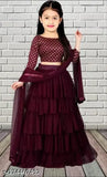 Simple floral type satin & net lehenga choli set, embellished with ruffles, perfect for Diwali/Dipavali festive traditional wedding wear