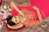 Gold drop chiffon saree with embroidered net blouse, Indian origin