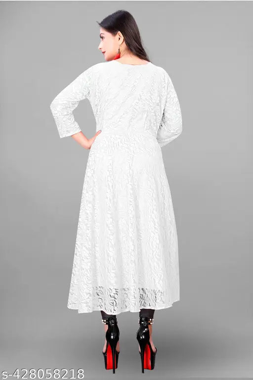 White anarkali net gown kurtis, three-quarter sleeves, Chikankari embroidery. Stunning bridal or special occasion wear for women & girls in S - XXL sizes, 50" length. Handcrafted Indian net fabric