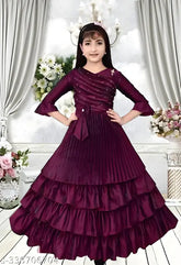 Blackberry silk frock, pack of 1 for special occasions - Girls designer dress with embellished net and three-quarter sleeves, soft and comfortable in 4-16 years sizes from Alshifa Garments (India)