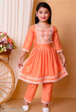 Rayon Naira seat kids ethnic wear, three-quarter sleeves with lace net bottom. Stylish kurta for Indian traditional casual and party wear