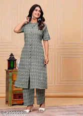 Green cotton blend kurta with palazzo by Balaji creation - Printed net, short sleeves, Indian traditional wear
