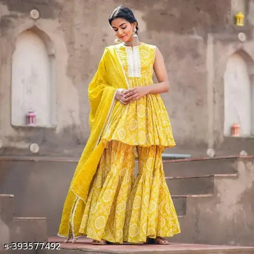 Cotton blend Bandhni printed anarakali kurta sharara set with dupatta, sleeveless, India origin