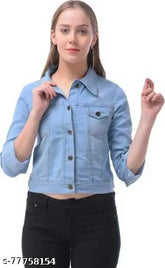 Light Blue washed denim crop jacket, women's distressed denim with pocket, stretch fitted, three-quarter sleeves