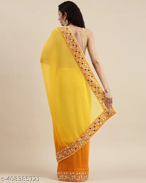Georgette sari with separate dupion silk blouse, vibrant solid pattern, heavy Zardosi machine work and lace & mirror handwork, free size (5.5m x 1.1m), elegant Indian fashion
