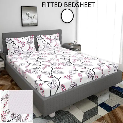 Trending botanical print cotton fitted king bedsheet with 2 jumbo pillow covers (up to 8 inches mattress), superfine glace cotton for summer use on adult beds, origin India