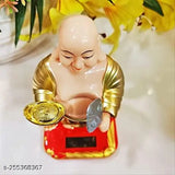 Gold Solar Laughing Buddha idol with ingot, waving fan, moving head - Health, Wealth, Prosperity decor item (medium size)