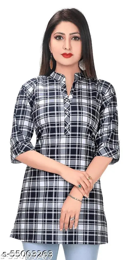 XL cotton printed checkered top, three-quarter sleeves, women's fashion from India