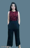 Maroon-Black cotton blend embellished net sleeveless jumpsuit for party/casual use, close-up detail shows sequin work