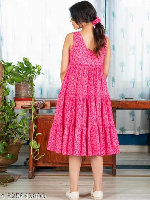 Pink rayon sleeveless dress with a print combo, stylish V-neck design for women's party wear