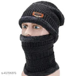 Grey wool cap set with textured pattern - Ekshi winter knit beanie, neck warmer scarf for men and women