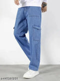 Denim 6-pocket jeans for men, solid color, available in sizes 28, 30, 32, and 34. Made in India