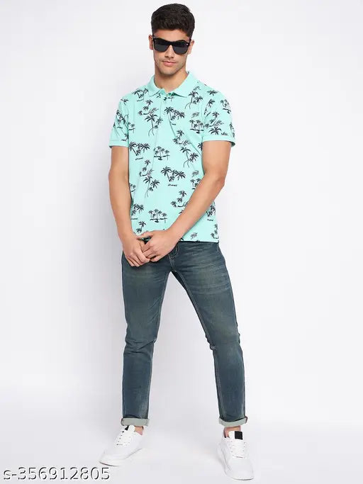 Mens cotton blend polo neck t-shirt, aqua color with printed pattern, short sleeves, regular fit