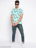 Mens cotton blend polo neck t-shirt, aqua color with printed pattern, short sleeves, regular fit