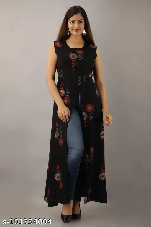Printed rayon sleeveless Frontslite kurti for women, vibrant Indian fashion