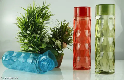 Multicolor triangle shape design school/office collage fridge water bottle set of 3 (1000 ml PET, leak-proof)