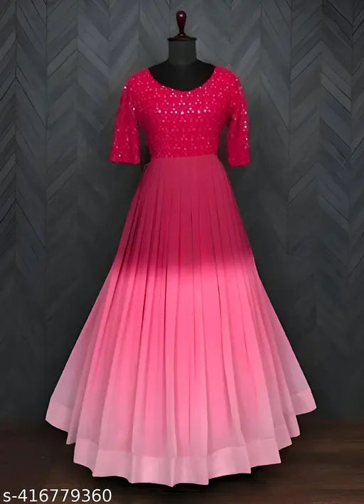 Embellished Georgette Kurti, trending party wear kurtis for women in various sizes. Purple floral print anarkali gown kurti from India