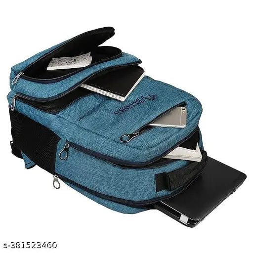 Durable blue polyester laptop backpack, fits 15.6" laptops, 5 zipper compartments, adjustable breathable padded shoulder straps, water-resistant for travel or college use