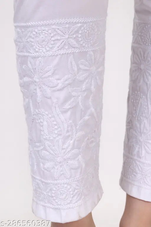 White cotton lycra embroidered net Chikankari pant, one pocket and adjustable drawstring waist