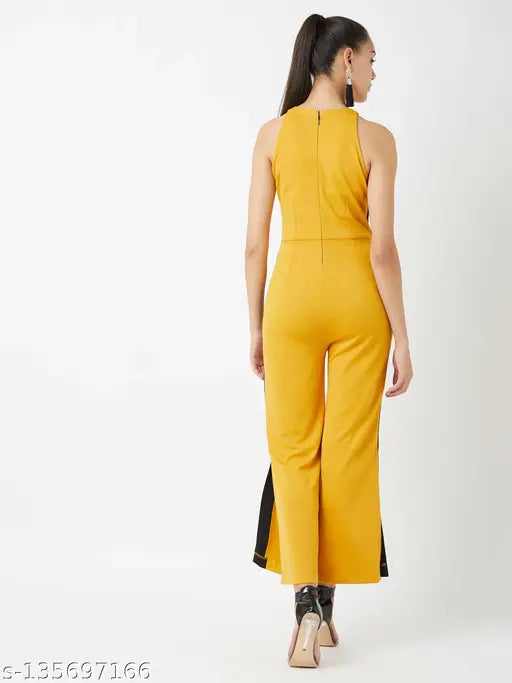 Multicolor polyester jumpsuit, Miss Chase women's halter neck with mustard and black knit side panels, solid design, sleeveless style, zip closure, side slit detailing