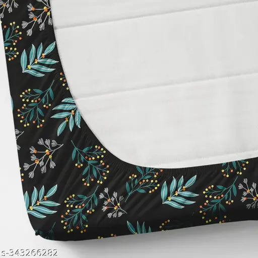 Brand Point cotton blend elastic double bedsheet with 2 pillow covers, 90x90 inch (fitted) and 78x72 inch (fitted pocket). Multi-colored, machine washable botanical print. Ideal for summer, fits mattresses 4-6 inches deep. Made in India